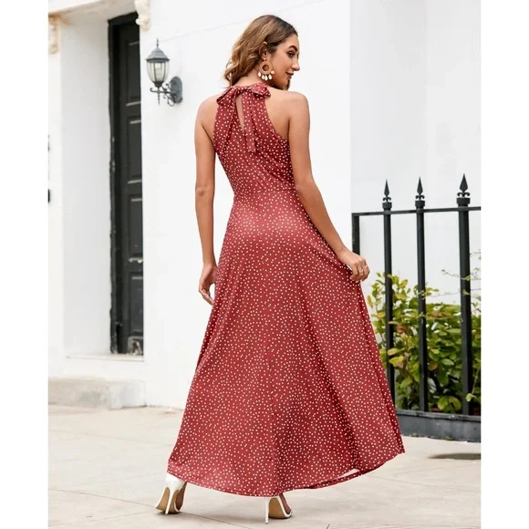 New With Tags Red Polka Dot Halter Maxi Dress - Picture 2 of 8